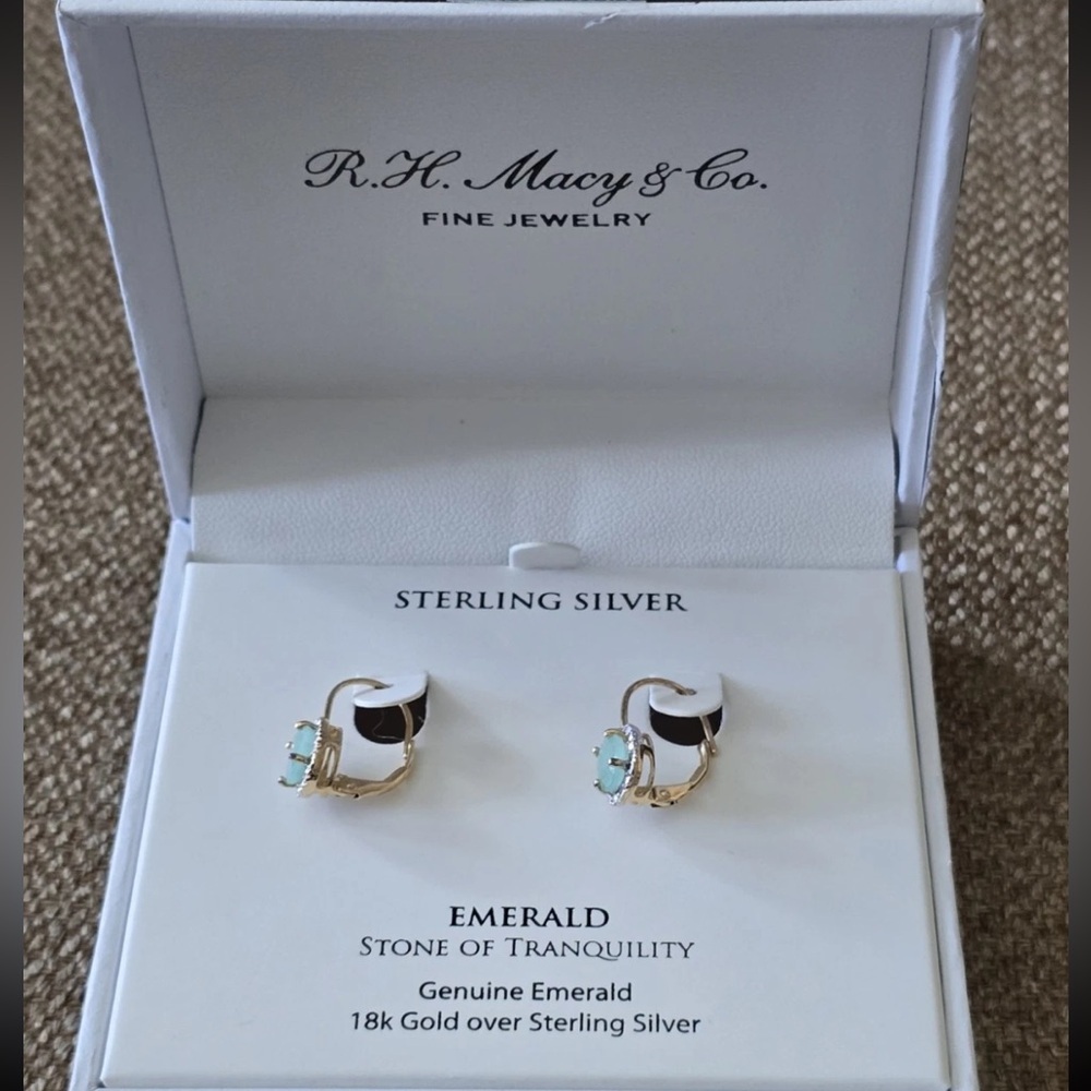 $100 Macy's Women Emerald Earrings 18k Gold Over Sterling Silver New
